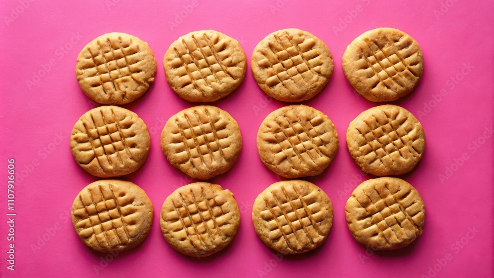Poster a dozen peanut butter cookies, arranged in a symmetrical pattern, showcase the golden brown hue of t