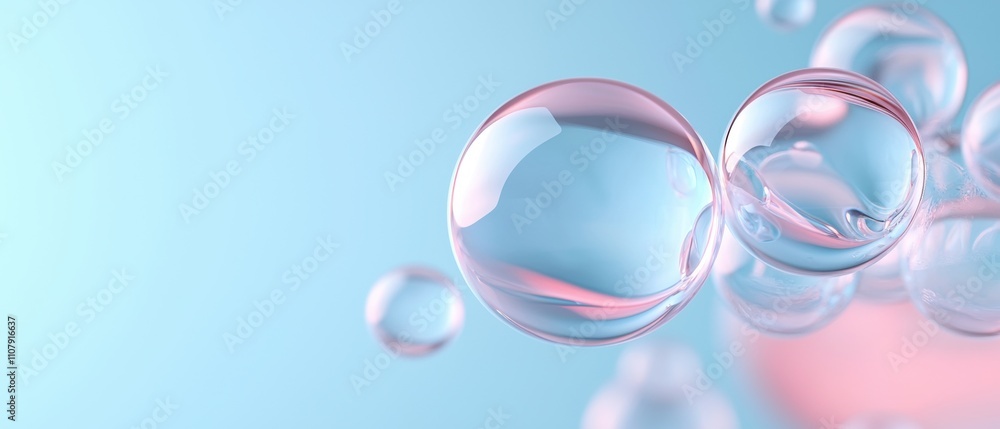 Poster close-up of a group of soap bubbles floating in the air. the background is a light blue color, and t