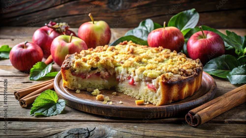 Poster A Crumb-Topped Apple Pie with a Slice Removed, Resting on a Rustic Wooden Table Surrounded by Fresh Apples and Cinnamon Sticks