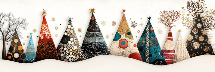 beautiful seasonal background, different Christmas trees with graphical patterns on it in white background 