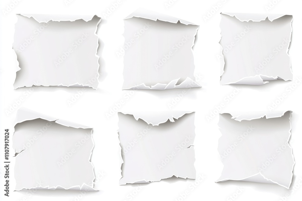 Poster four ripped pages on a clean white background, great for representing fragmented thoughts or ideas