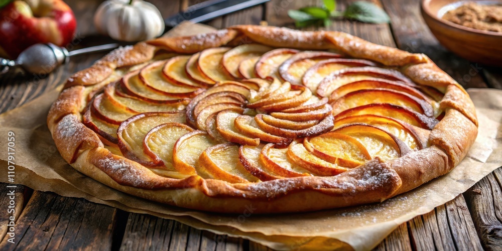 Poster a golden brown apple galette with a delicate dusting of powdered sugar, resting on a piece of parchm