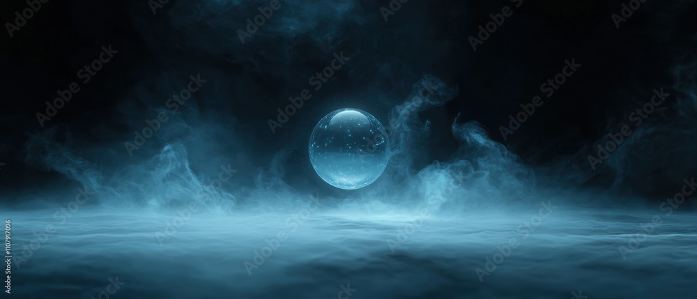 Poster digital illustration of a sphere in the center of a dark background. the sphere is spherical and app