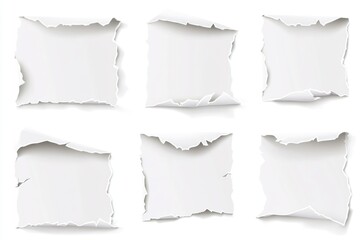 Four ripped pages on a clean white background, great for representing fragmented thoughts or ideas