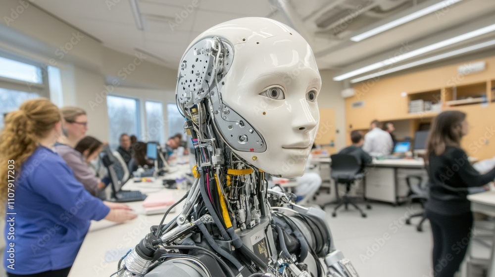 Poster humanoid robot in a busy research lab with diverse scientists working in the background, ai
