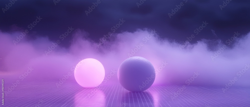 Poster two spheres on a grid-like surface with a dark purple background. the spheres are spherical in shape
