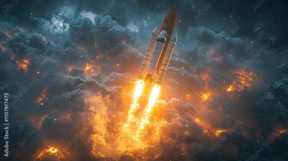 Poster rocket and outer space 3d rendering