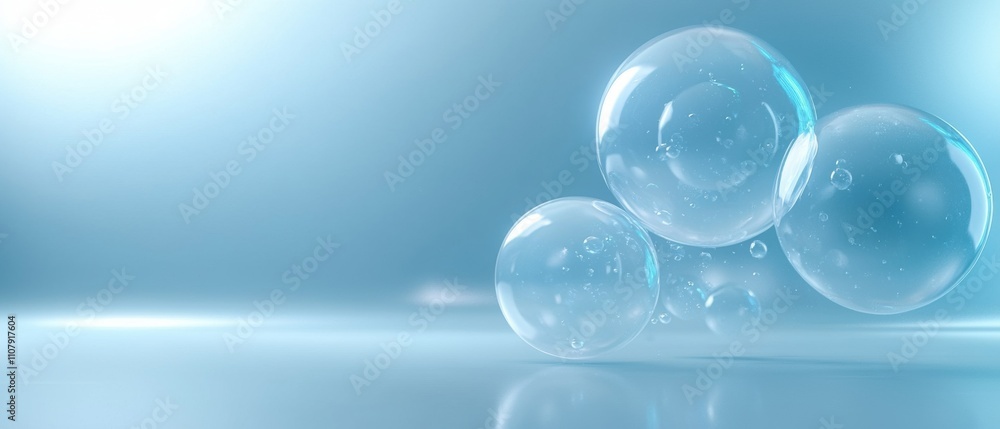 Poster three transparent bubbles floating on a blue background. the bubbles are of different sizes and shap