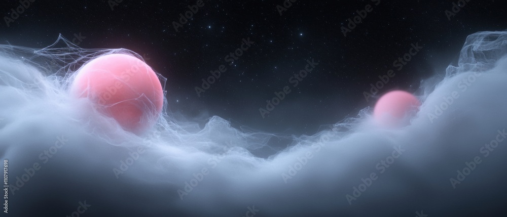 Poster digital illustration of two pink spheres floating in the sky. the spheres are spherical in shape and