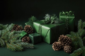 A collection of green presents stacked on a table, ideal for holiday or special occasion use