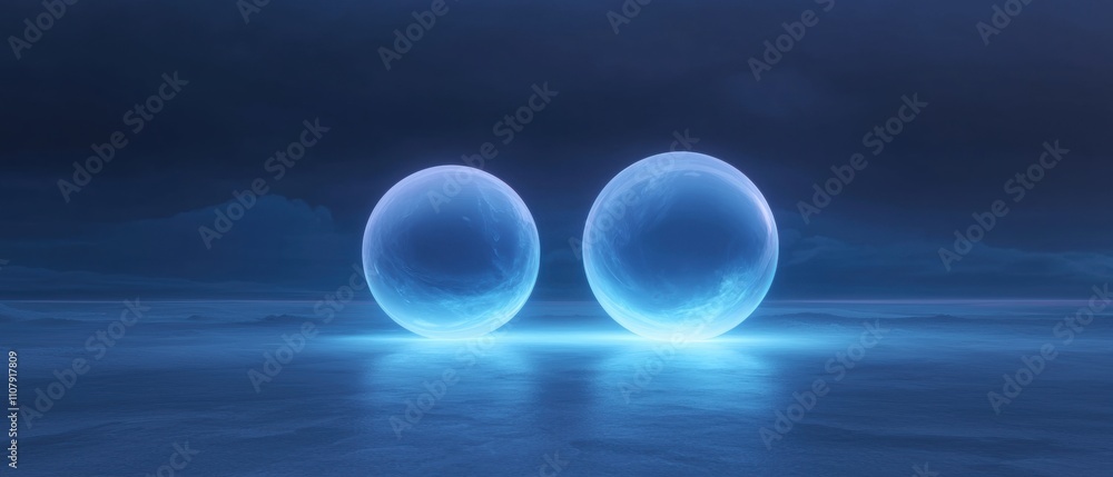 Poster two large, spherical objects that appear to be glowing blue in the dark. the objects are placed on a