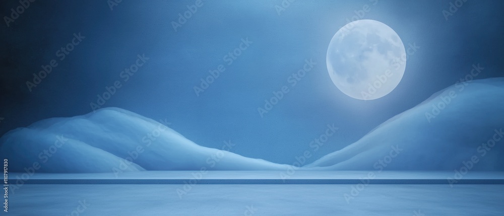 Poster digital illustration of a night scene with a full moon in the background. the sky is a deep blue col
