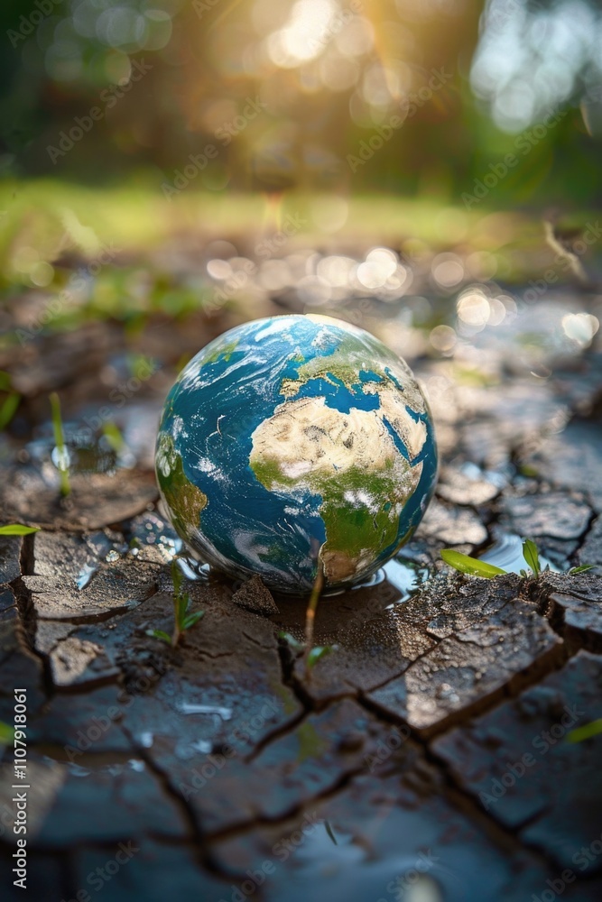 Poster a small globe depicting the earth, situated on a flat surface