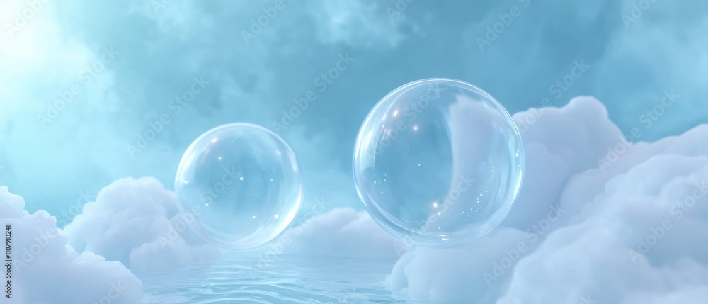 Poster two large, transparent bubbles floating in the sky. the bubbles are spherical in shape and appear to