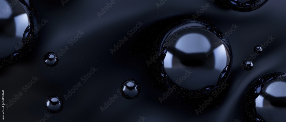 Poster close-up of a group of water droplets on a dark blue background. the droplets are of different sizes