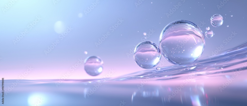 Poster close-up of a group of bubbles floating on a surface of water. the background is a gradient of blue 