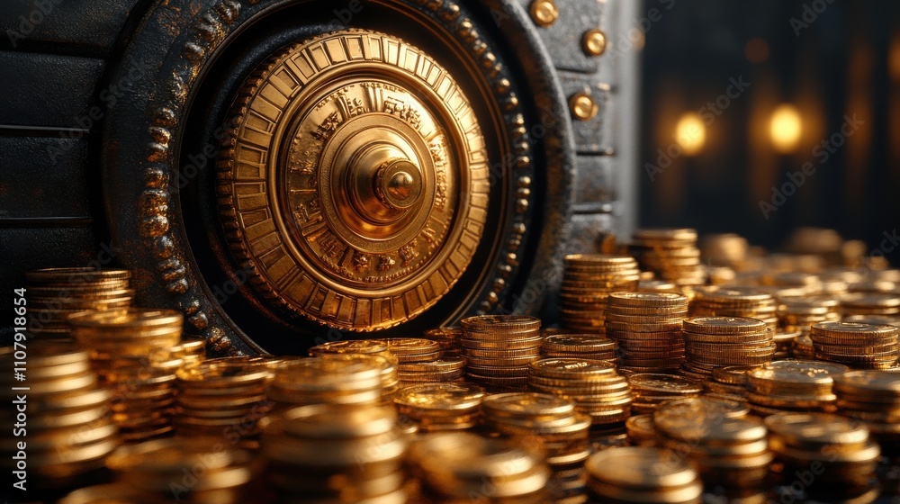 Poster safe box and golden coins 3d rendering
