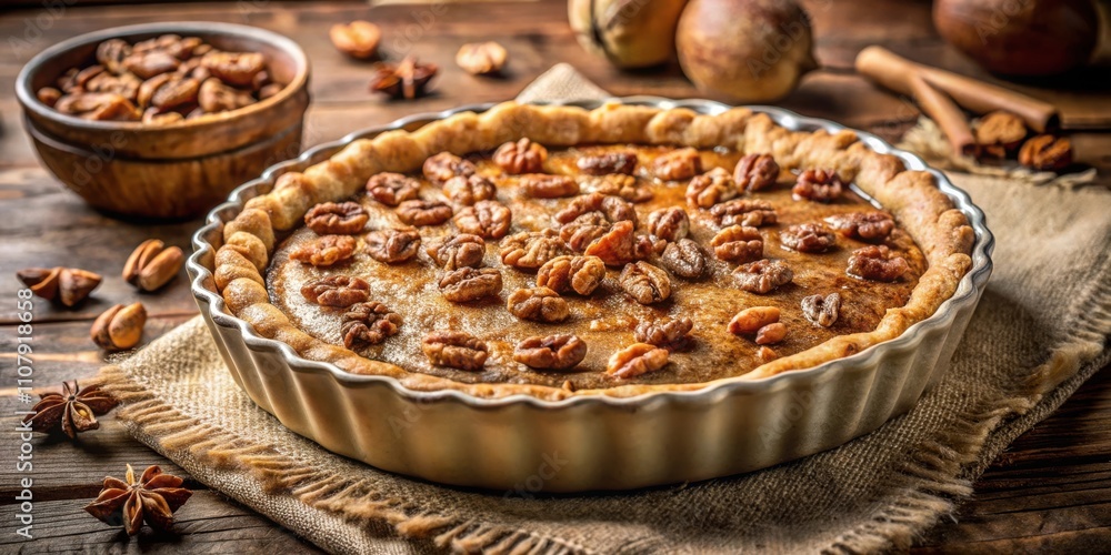 Poster a freshly baked pecan pie with a golden brown crust sits on a rustic wooden table, ready to be enjoy