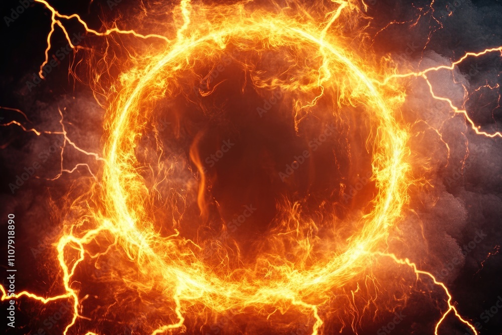 Poster A fiery circle with lightning on a dark background, ideal for use in scenes related to magic, fantasy or sci-fi