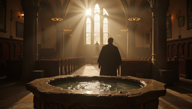 Priest standing by a baptismal font in a beautifully lit church during a sacred ceremony
