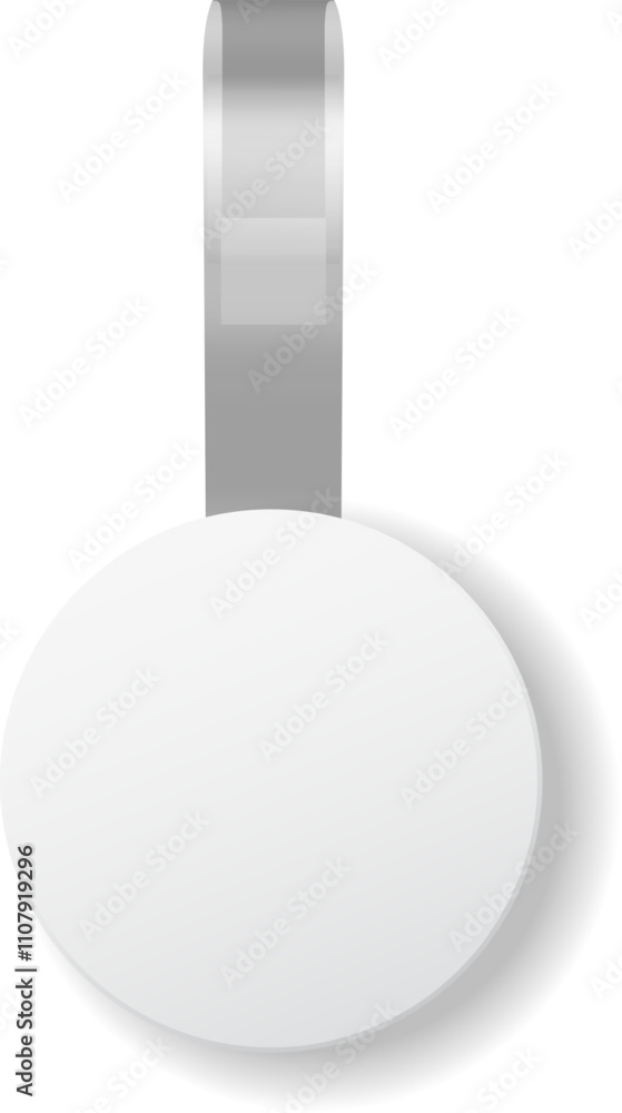 Poster white round wobblers are hanging on gray ribbons, creating a simple yet effective display for advert