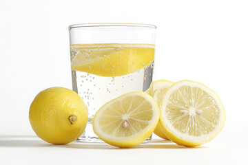 A glass of sparkling water with lemon slices and whole lemons on a white background.