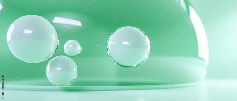 Poster three transparent spheres floating on a green surface. the spheres are of different sizes and shapes
