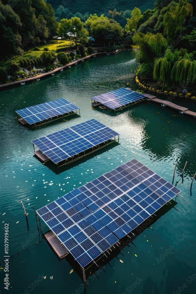 Poster solar panels floating on the surface of the water, generating renewable energy