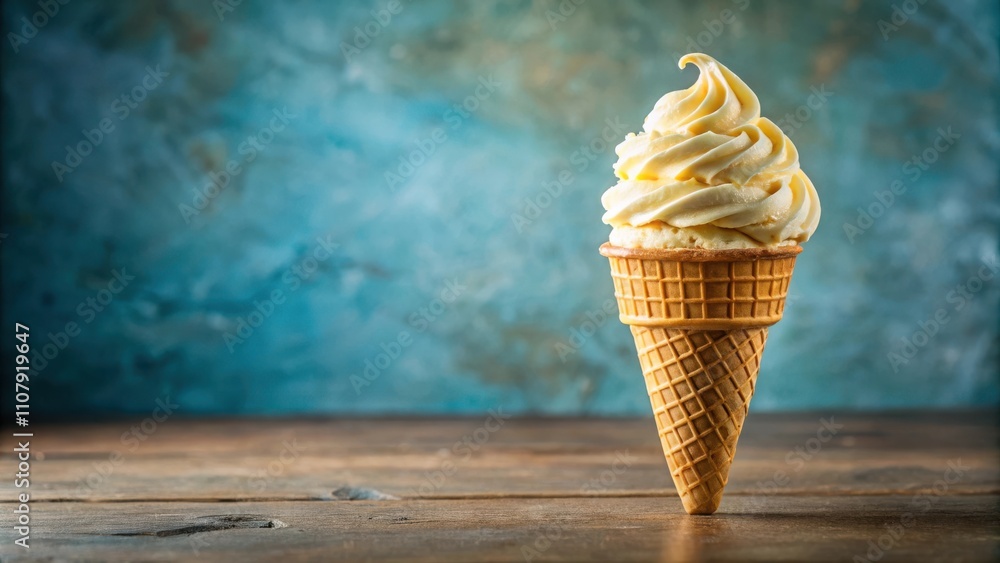 Leinwandbilder a single soft serve ice cream cone on a wooden table with a blue textured background