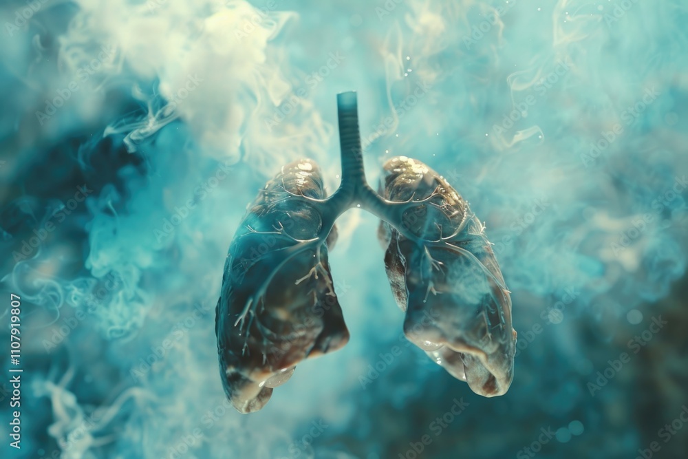 Poster a close-up view of human lungs with visible smoke, possibly from an unknown source