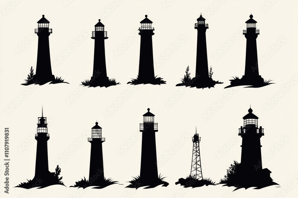 Poster Lighthouse scene with multiple structures in different positions and environments