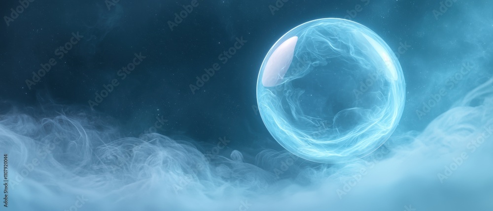 Poster abstract digital art piece that appears to be floating in the air. the background is a deep blue col