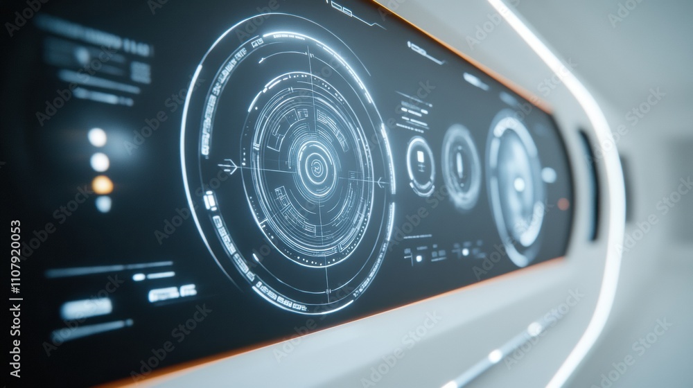 Poster futuristic digital interface with glowing circular graphics on a sleek display, ai