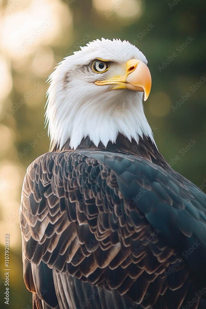 Poster a close-up view of a bald eagle's face, set against a backdrop of trees
