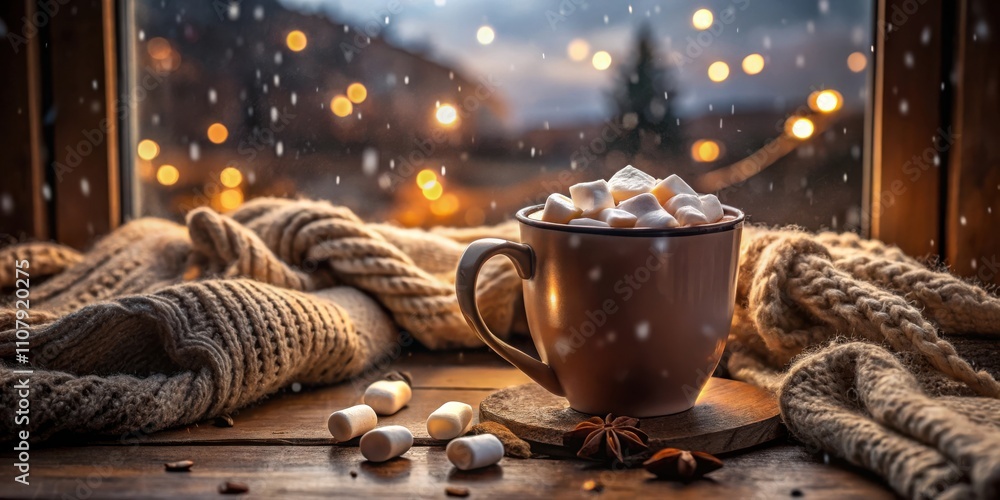 Poster a steaming mug of hot chocolate with marshmallows, nestled amongst a cozy knitted blanket on a woode