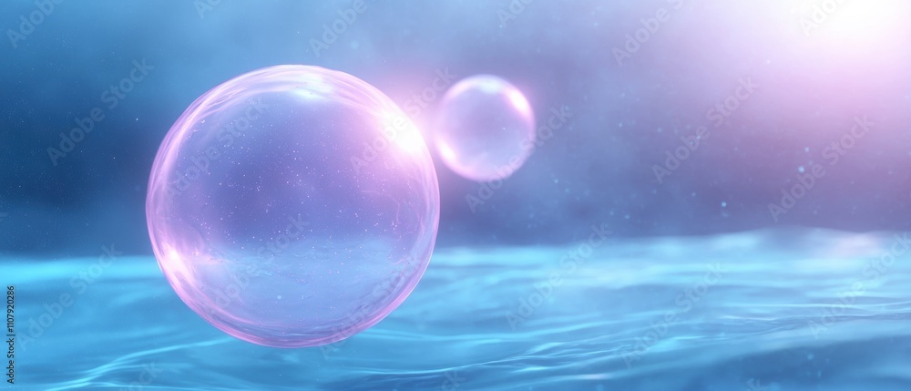 Poster two large, spherical bubbles floating in the water. the bubbles are transparent and appear to be flo
