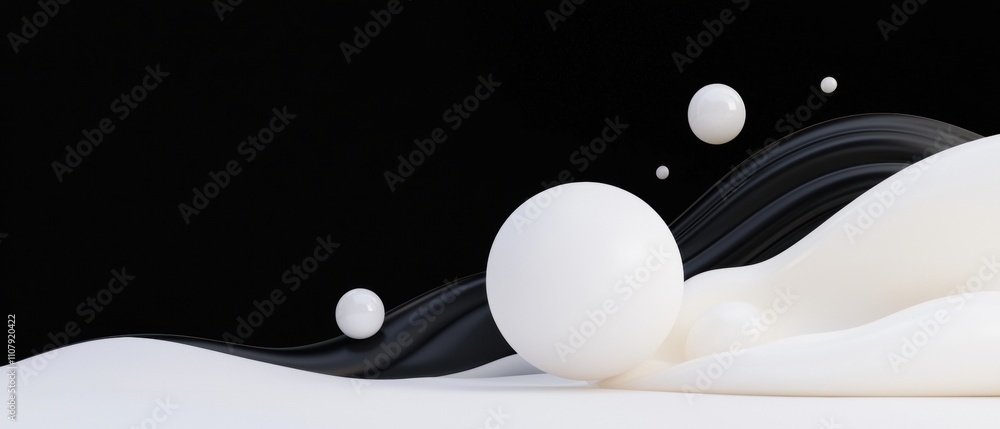 Poster abstract digital art piece with a black background. it features three white spheres floating in the 