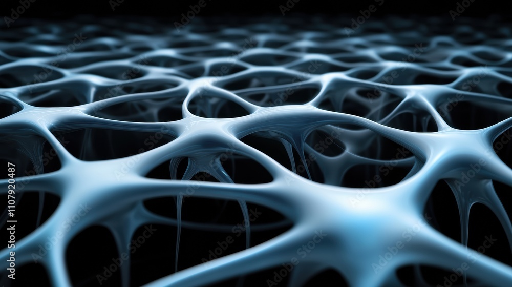 Poster intricate network of interconnected blue structures resembling neural pathways, ai