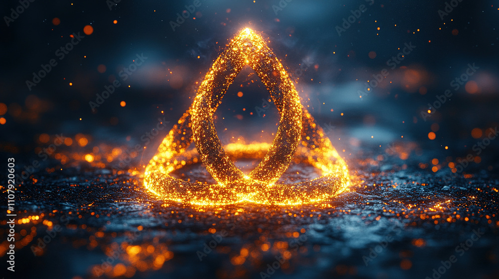 Poster glowing triangle shape formed by gold sparks floating in a dark, mystical environment with shimmerin