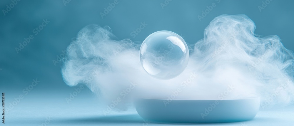 Poster white bowl with a transparent bubble floating on top of it. the bubble is in the center of the image