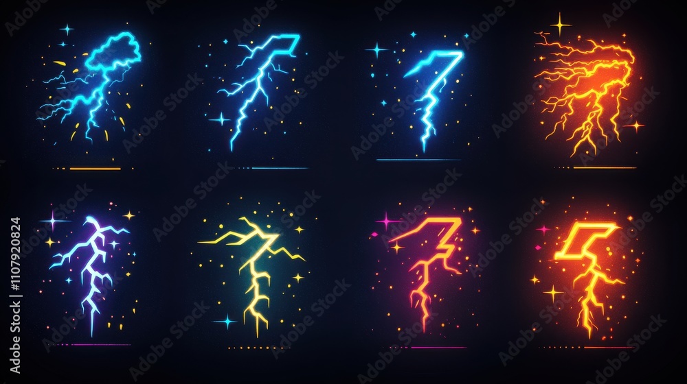 Poster set of lightning outline icons thunderbolts and an electric flash of power black thin line electrica