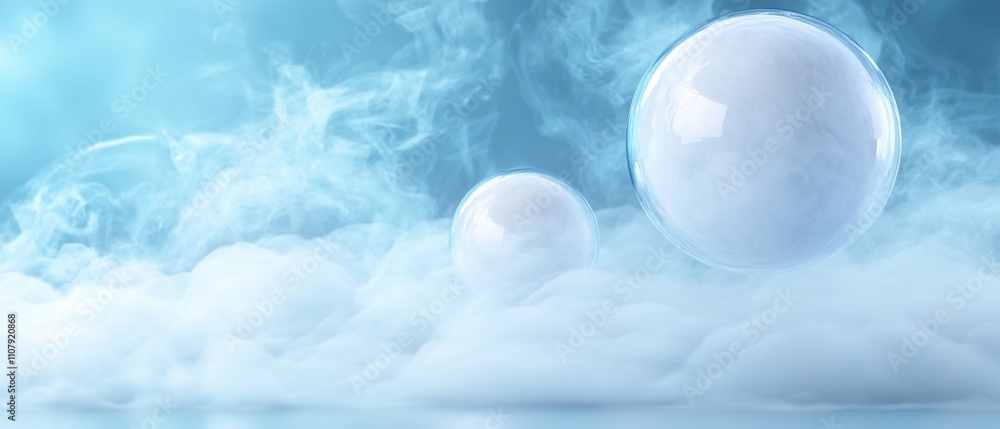 Poster two large, transparent spheres floating in the air. the spheres are spherical in shape and appear to