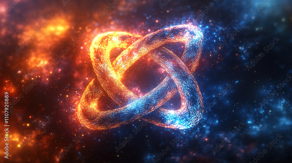 Poster colorful abstract cosmic design featuring a glowing intertwined pattern in a vast stellar background