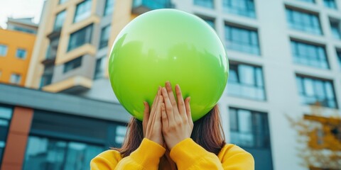 A woman covers her face with a green balloon, providing anonymity