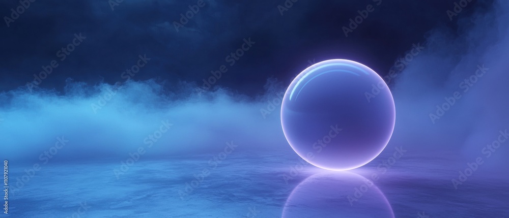 Poster digital illustration of a sphere in the middle of a dark blue ocean. the sphere is spherical and app