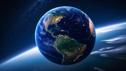 Naklejka premium A view of Earth from space with a clear night sky and vibrant blue and green tones, emphasizing the beauty of our planet