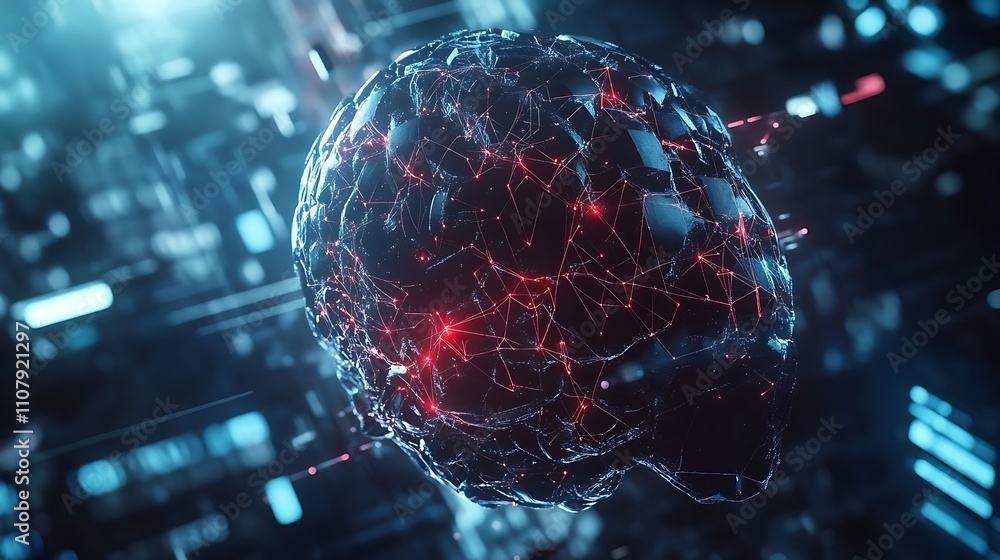 Poster glowing neural connections in a digital brain model representing advanced cognitive technology