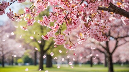 Vibrant spring theme featuring a cherry blossom tree in full bloom with pink petals falling in bright daylight