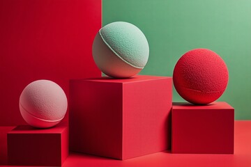 bright red and greem bath bomb fizzies placed on red geometric cubes, professional cosmetics photo, christmas