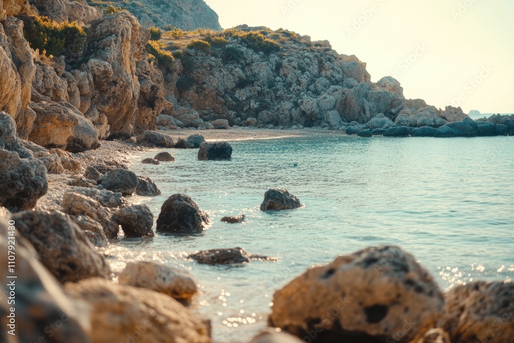 Poster coastal scenery featuring rocks and water at the forefront, suitable for use in travel or nature-the